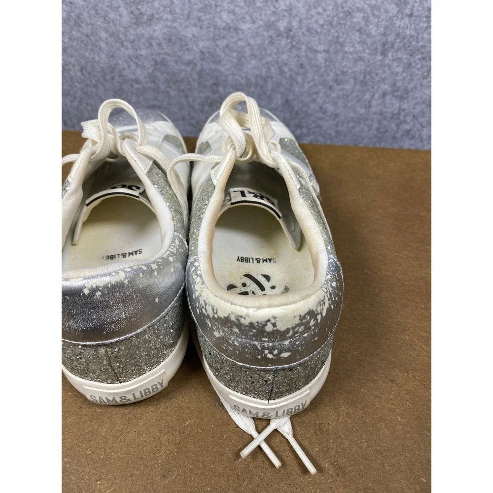 Sam & Libby Womens Glitter Star Sneakers White Silver Metallic Low Top 8.5